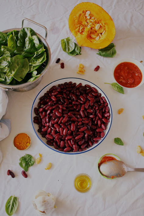 Combo haricots rouges épinards et courge musquée